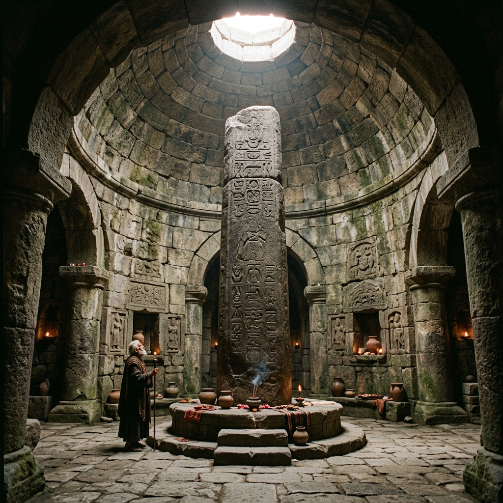 Elderly man with staff standing beside inscribed stone pillar in a circular stone chamber