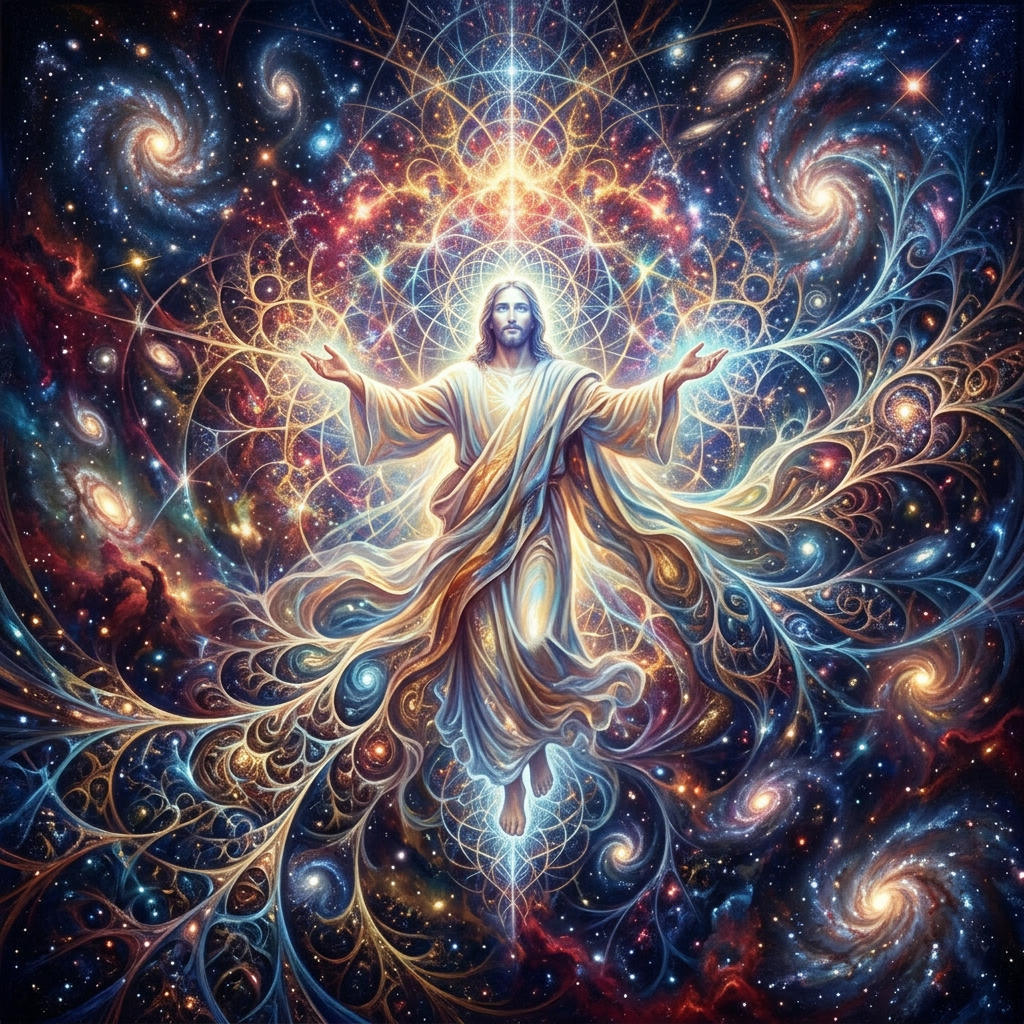 Spiritual figure with outstretched arms surrounded by swirling galaxies and glowing celestial patterns