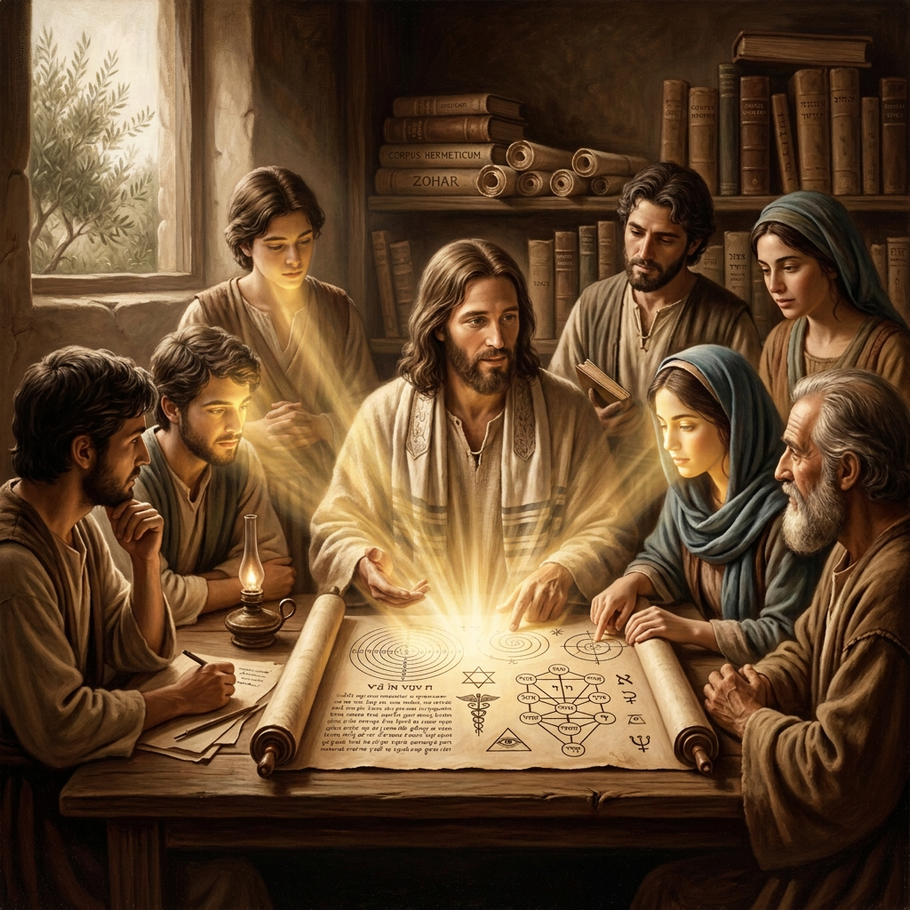 Jesus and students study a symbolic manuscript; text reads: "JESUS, LEHRER DER HERMETISCHEN UND KABBALISTISCHEN GEHEIMNISSE."